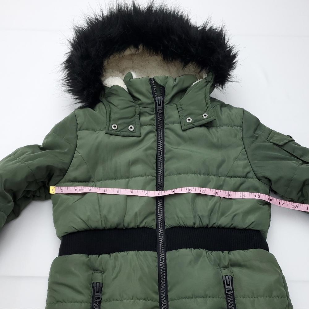Hudson Girl’s Puffer Insulated Long Winter Green Coat Faux Fur Hoodie Lining S/7 - Picture 5 of 8